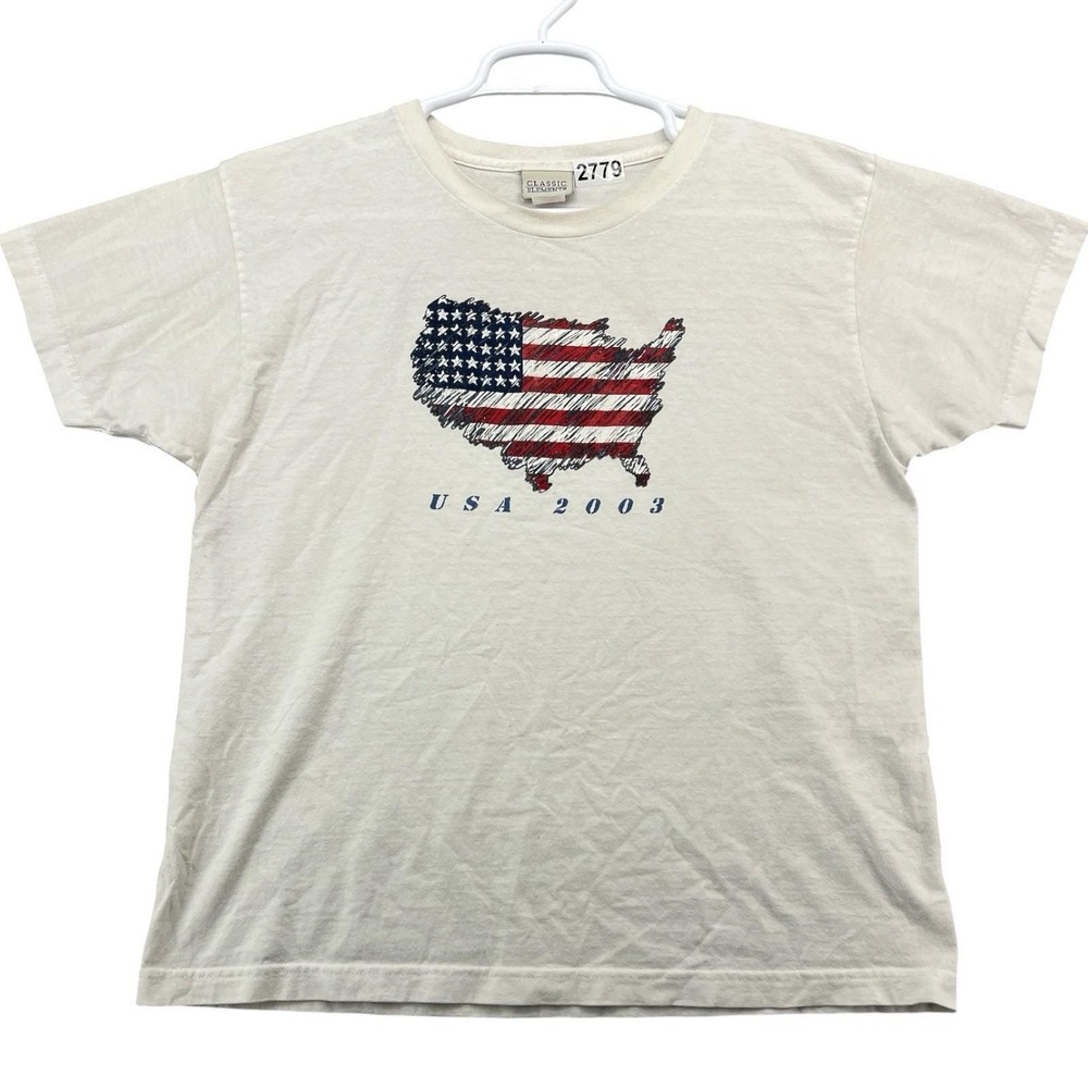 Classic Elements USA 2003 American Flag Map Graphic T-Shirt Patriotic Vintage Y2